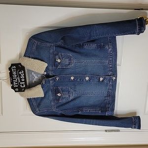Sonoma XL Denim Jacket Cropped Faux Fir Collar Distressed Med Wash
